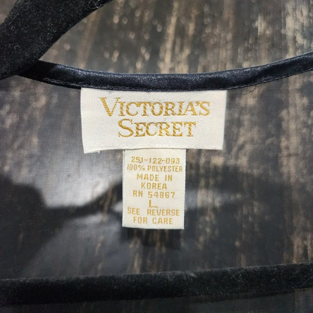 Vintage Victorias Secret Gold Label Sheer Black Robe Floral Applique Large L